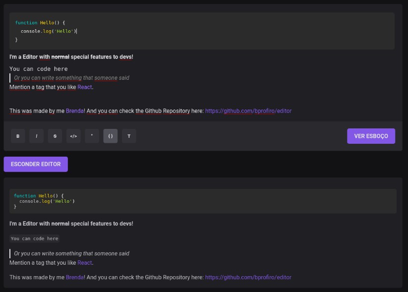 A a editor with the main features created using remirror and with a special code block built with modern frontend techniques for responsive and reusable UI.