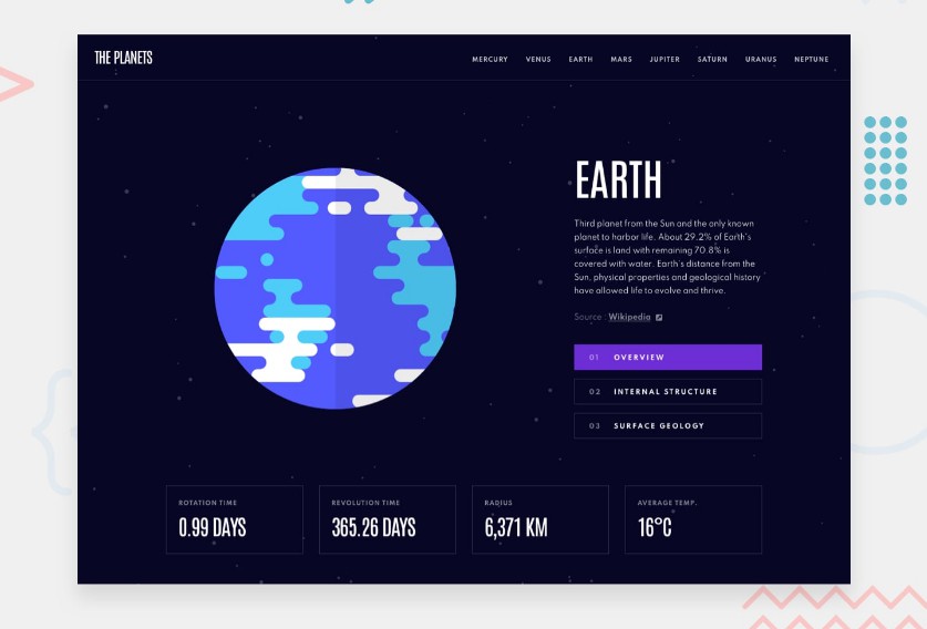 A planets fact site with animated solar system built with reactjs built with modern frontend techniques for responsive and reusable UI.