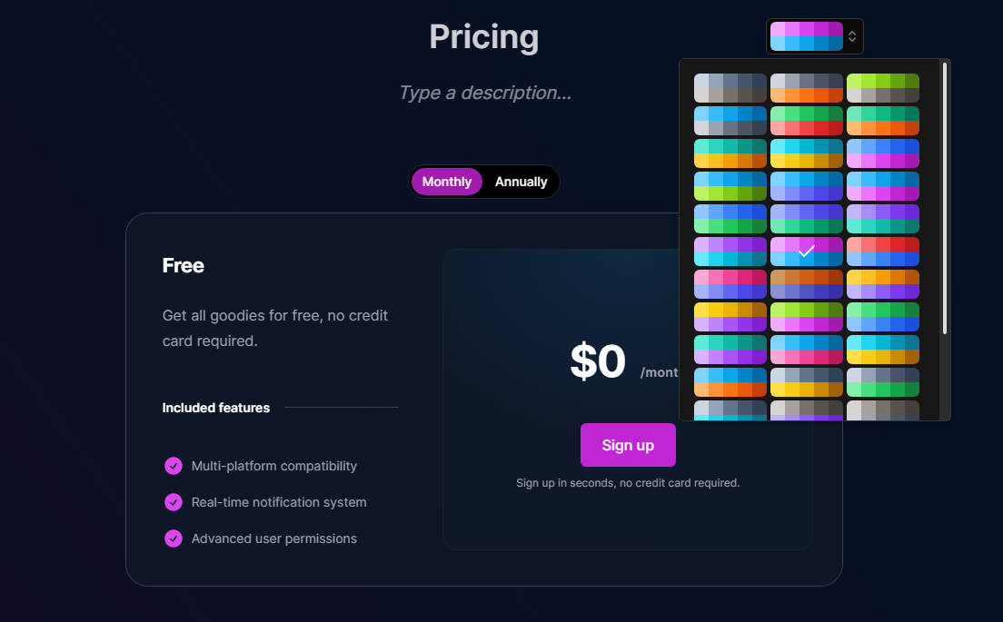 A pricing page generator: effortless creation of stunning pricing pages for react/next.js built with modern frontend techniques for responsive and reusable UI.
