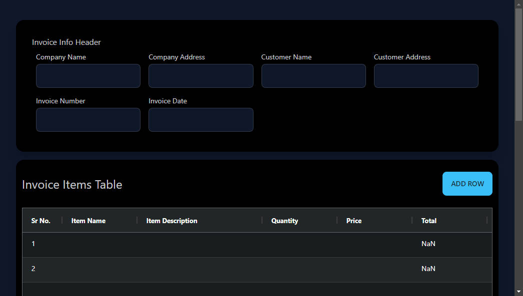 A react-based invoice generator with pdf export built with modern frontend techniques for responsive and reusable UI.