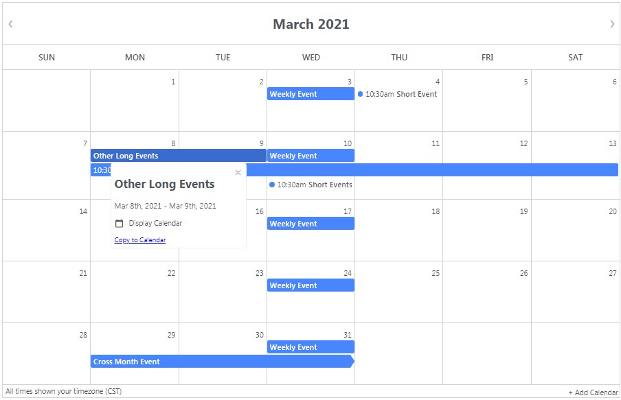 A react calendar component that displays data from google calendar built with modern frontend techniques for responsive and reusable UI.