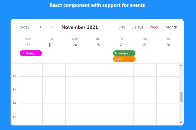 A react calendar component with support for multiple views and events built with modern frontend techniques for responsive and reusable UI.