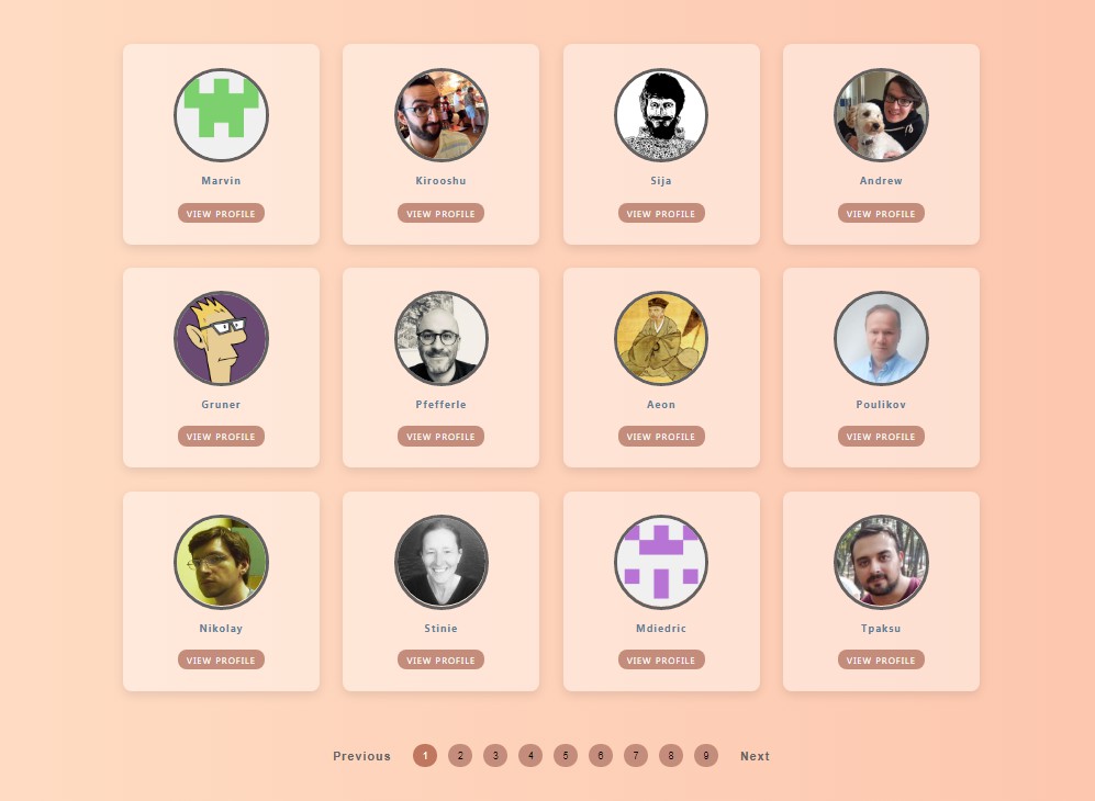 A react component to fetch github followers and showcase certain amount at each page with pagination built with modern frontend techniques for responsive and reusable UI.
