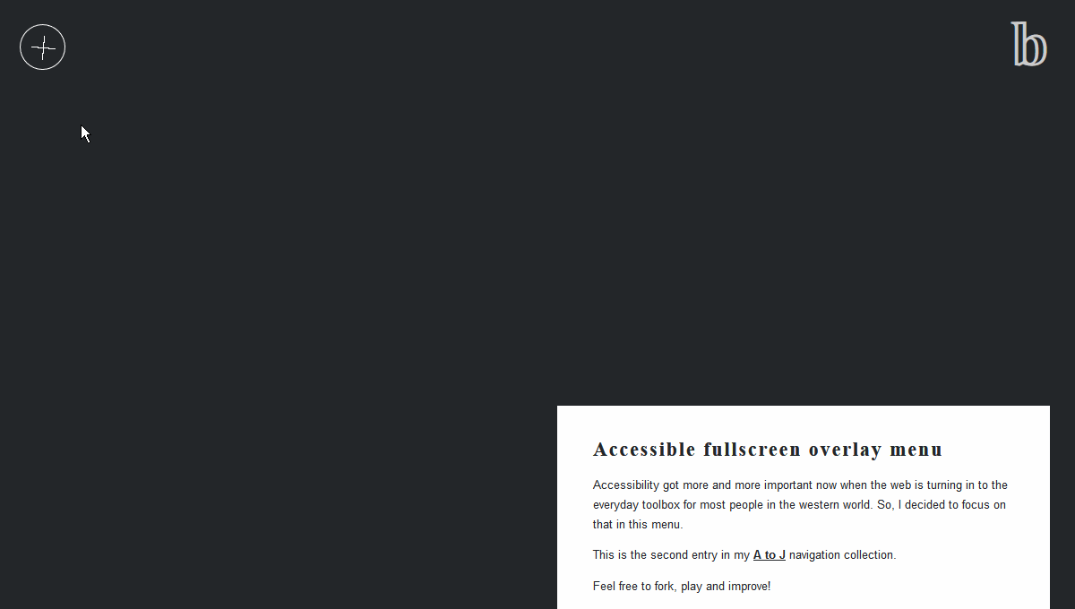 A accessible fullscreen overlay menu built with modern frontend techniques for responsive and reusable UI.