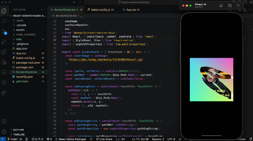 A scratch card compponent in react native using react-native-skia built with modern frontend techniques for responsive and reusable UI.