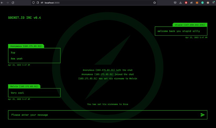 A socket.io irc: a private chatroom for discussing secret stuff built with modern frontend techniques for responsive and reusable UI.