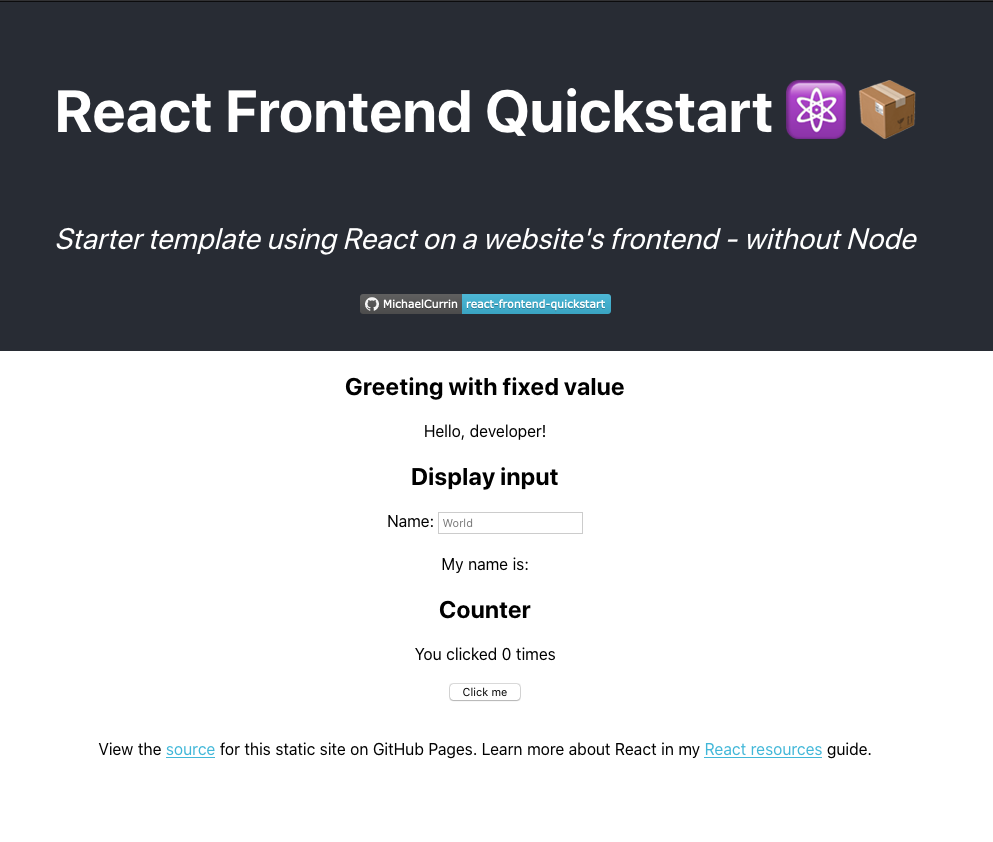 A starter template using react on a website's frontend - without node built with modern frontend techniques for responsive and reusable UI.