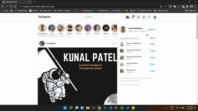 A the clone of instagram made with next.js & firebase v9 built with modern frontend techniques for responsive and reusable UI.