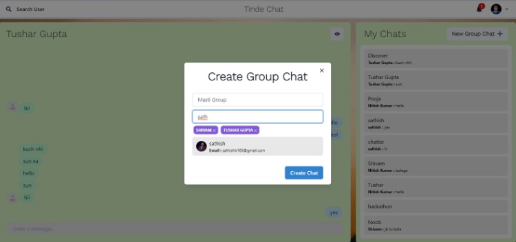 A tinde-chater - a full stack chatting app using react and socket.io built with modern frontend techniques for responsive and reusable UI.