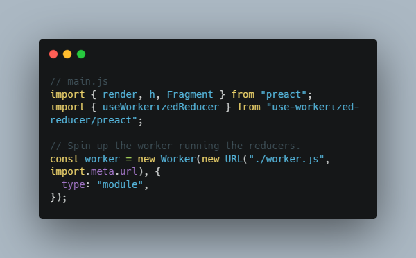 A useworkerizedreducer: like usereducer, but runs in a worker built with modern frontend techniques for responsive and reusable UI.