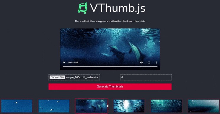 A vthumb.js: a react library generate n numbers of thumbnails at different positions in a given video file built with modern frontend techniques for responsive and reusable UI.