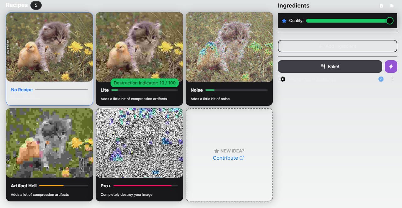 A instantly adds nice compression artifacts to your jpeg images built with modern frontend techniques for responsive and reusable UI.