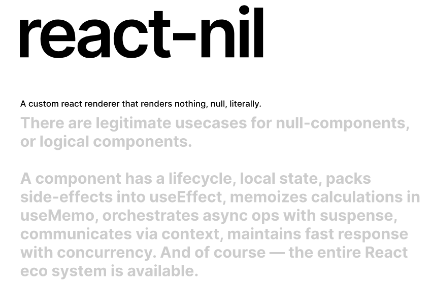 A a custom react null renderer built with modern frontend techniques for responsive and reusable UI.
