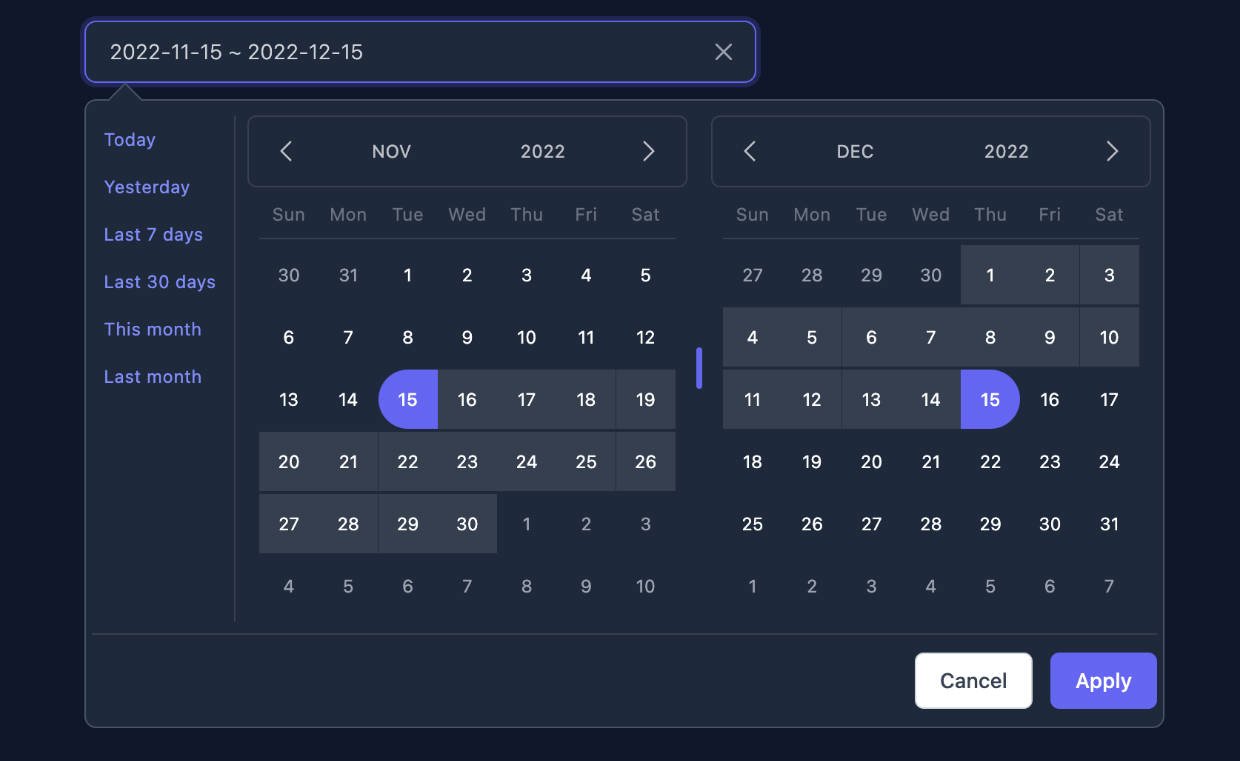 A a modern date range picker component for react using tailwind 3 and dayjs built with modern frontend techniques for responsive and reusable UI.